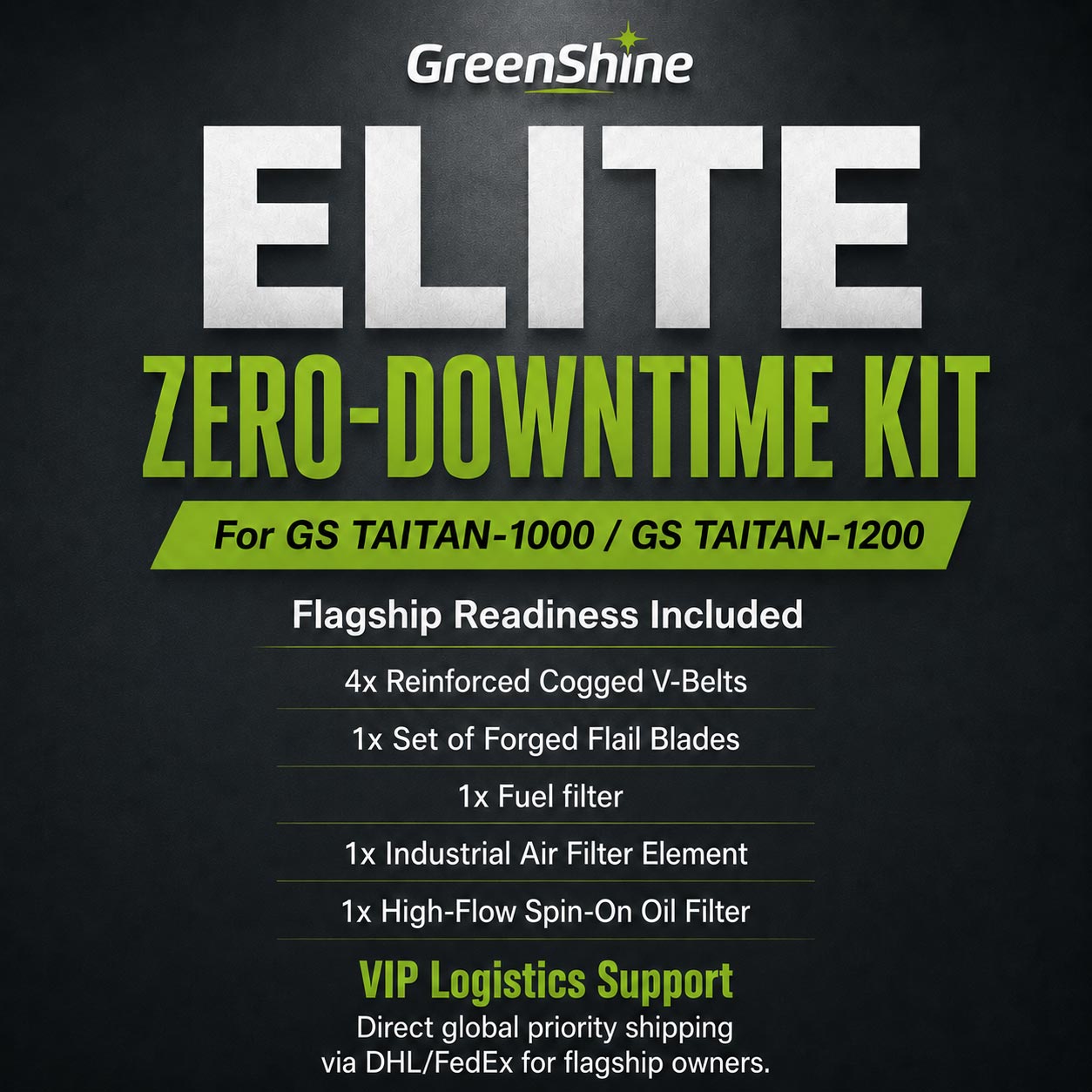 Poster del kit GS TAITAN-1200 Elite Zero-Downtime che illustra la prontezza operativa del prodotto di punta e il supporto logistico VIP