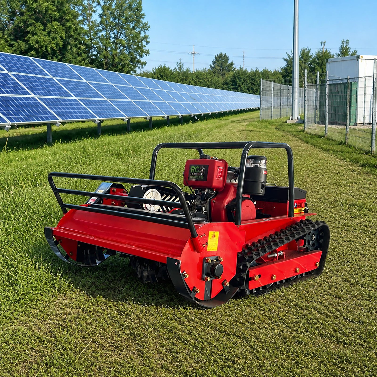 GreenShine GST-1000 tracked flail mower working in solar park maintenance