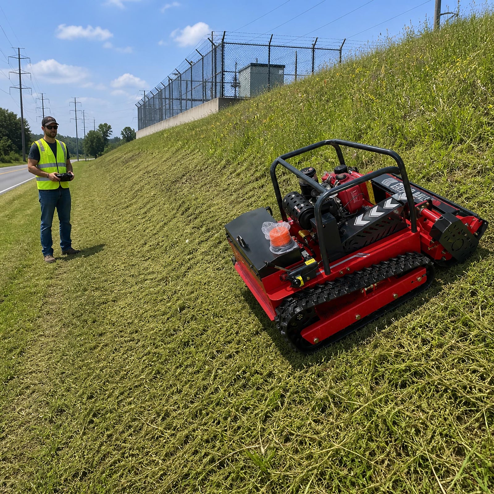 GreenShine GST-1000 remote-controlled tracked flail mower with operator at safe distance