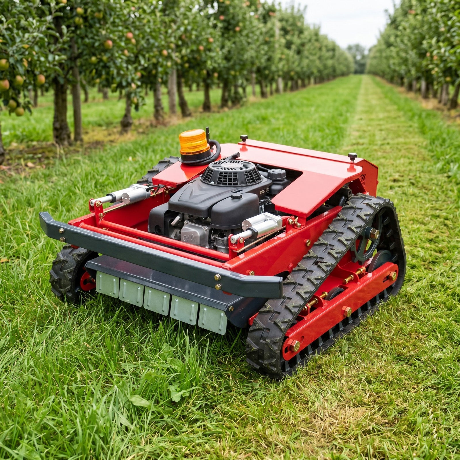 GreenShine GST-550 hybrid tracked mower working in an orchard lawn
