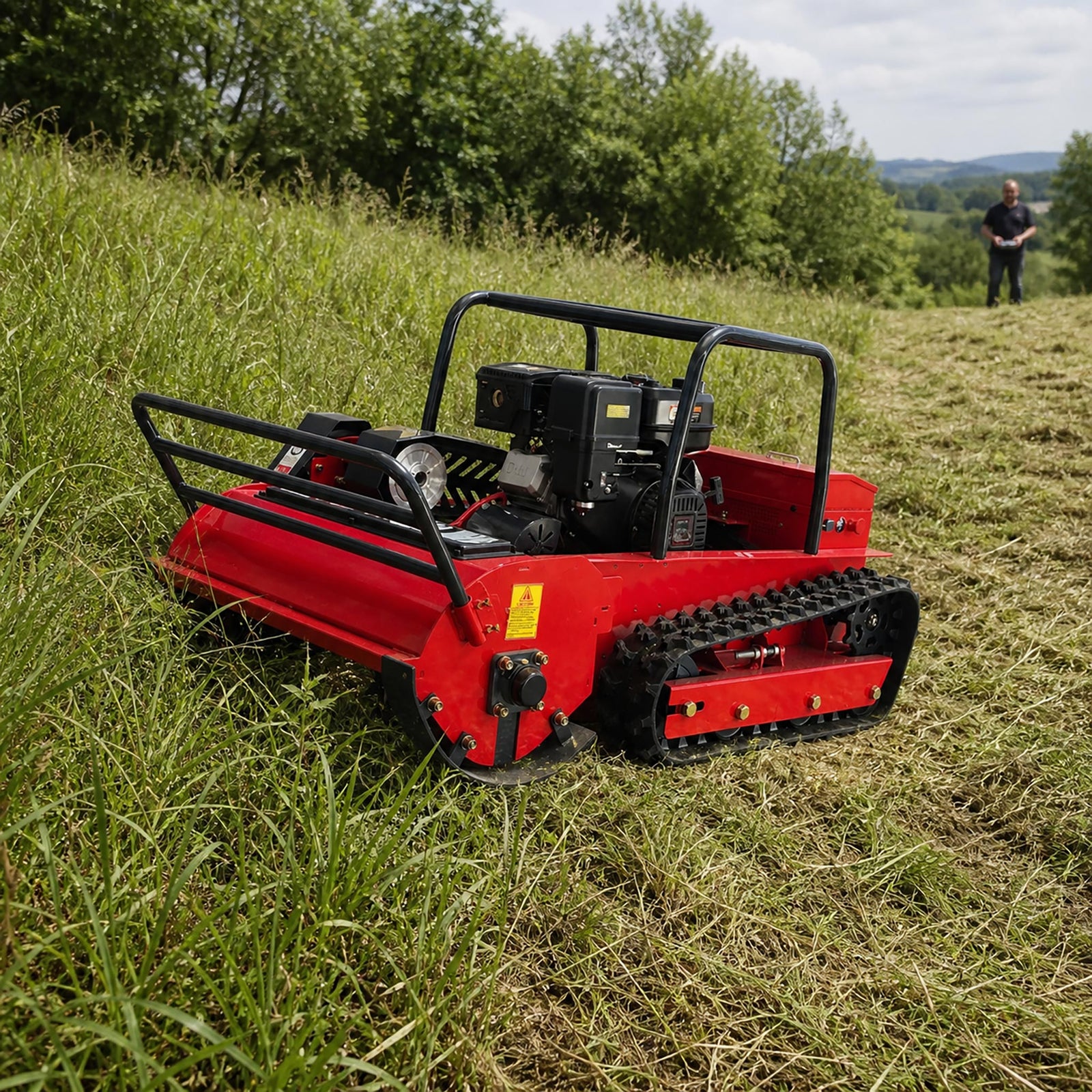 GreenShine GST-800 remote-controlled tracked flail mower with operator at safe distance