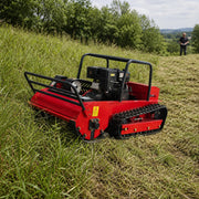 GreenShine GST-800 remote-controlled tracked flail mower with operator at safe distance