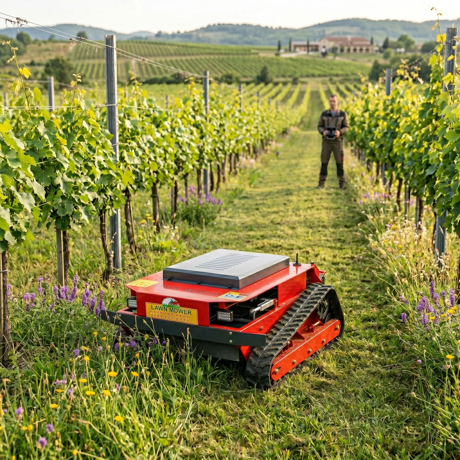 GreenShine GST-900 remote-controlled tracked mower with operator at safe distance