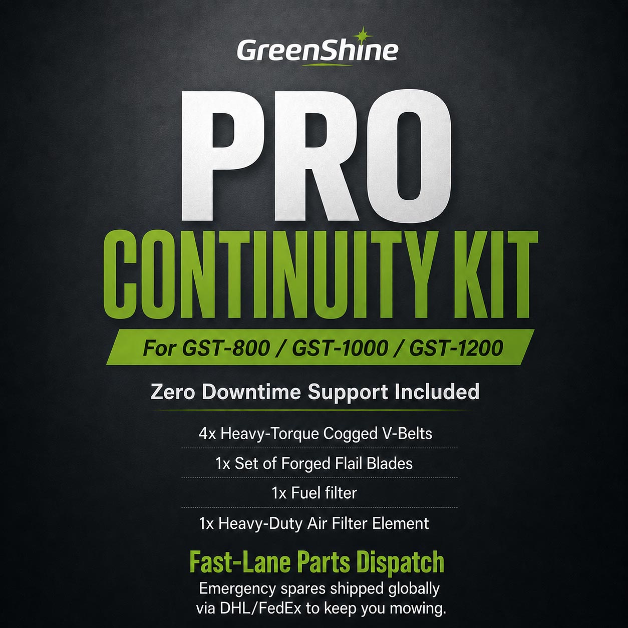GST-1200 Pro Continuity Kit poster showing zero downtime support and fast-lane parts dispatch